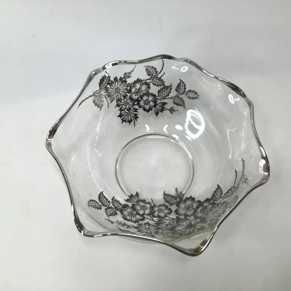 Vintage Silver Overlay Clear Glass Bowl Flowers Scalloped Edge Footed Candy Dish